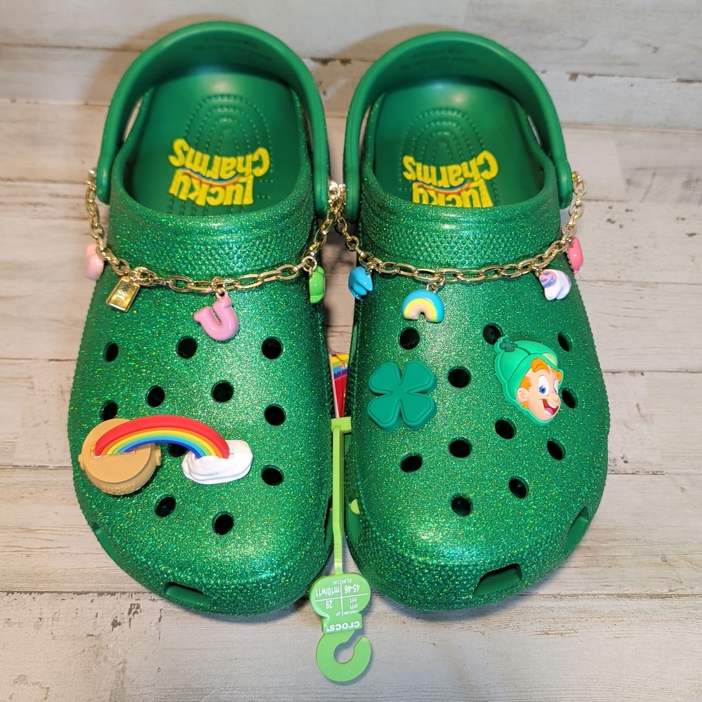 CROCS Lucky Charms Green Glitter Mens Size 11 US with Jibbitz Brand New!!